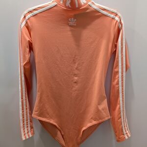 adidas Coral Orange Long Sleeve Bodysuit with White Stripes